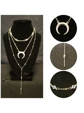 New Silver Crescent Layered Moon Necklace